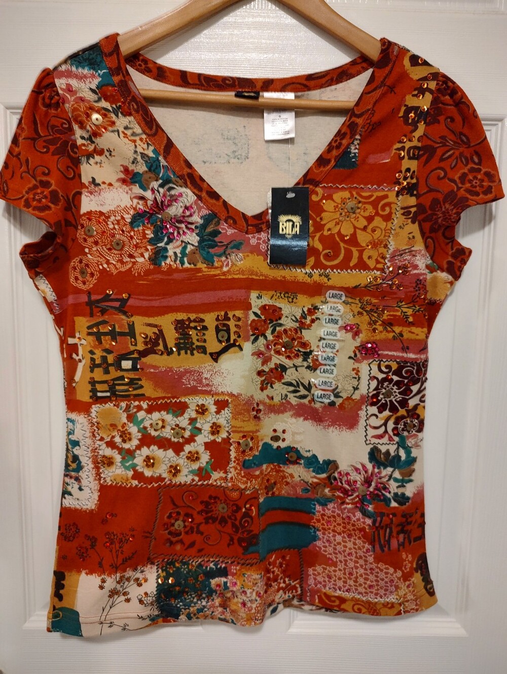 Bila Rust Multi Patchwork Floral V-Neck Short Sleeve Top